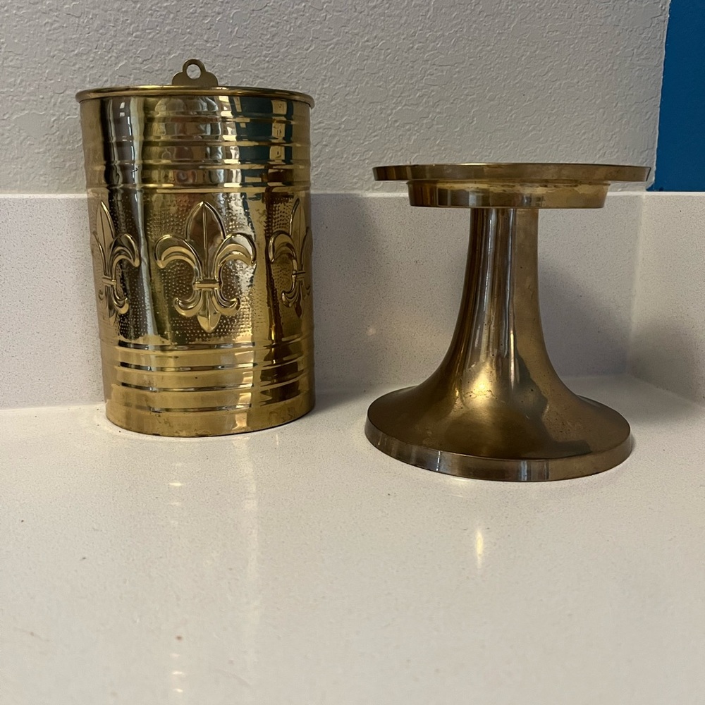 Vintage Fleur-De-Lis Matchstick Holder Wall Decor & Heavy Brass Candle Holder